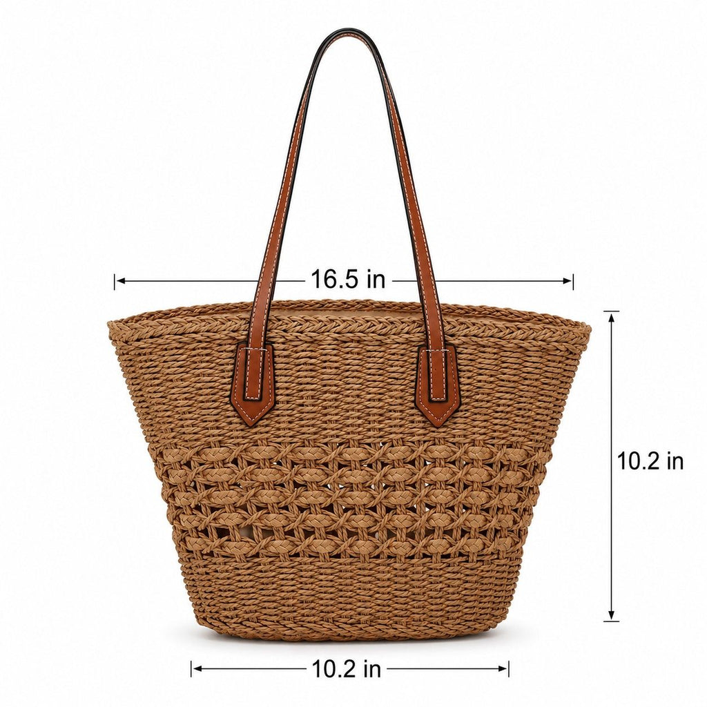 Woven Straw Tote Bag with Zip Closure Small Interior Pocket and Leather Handles