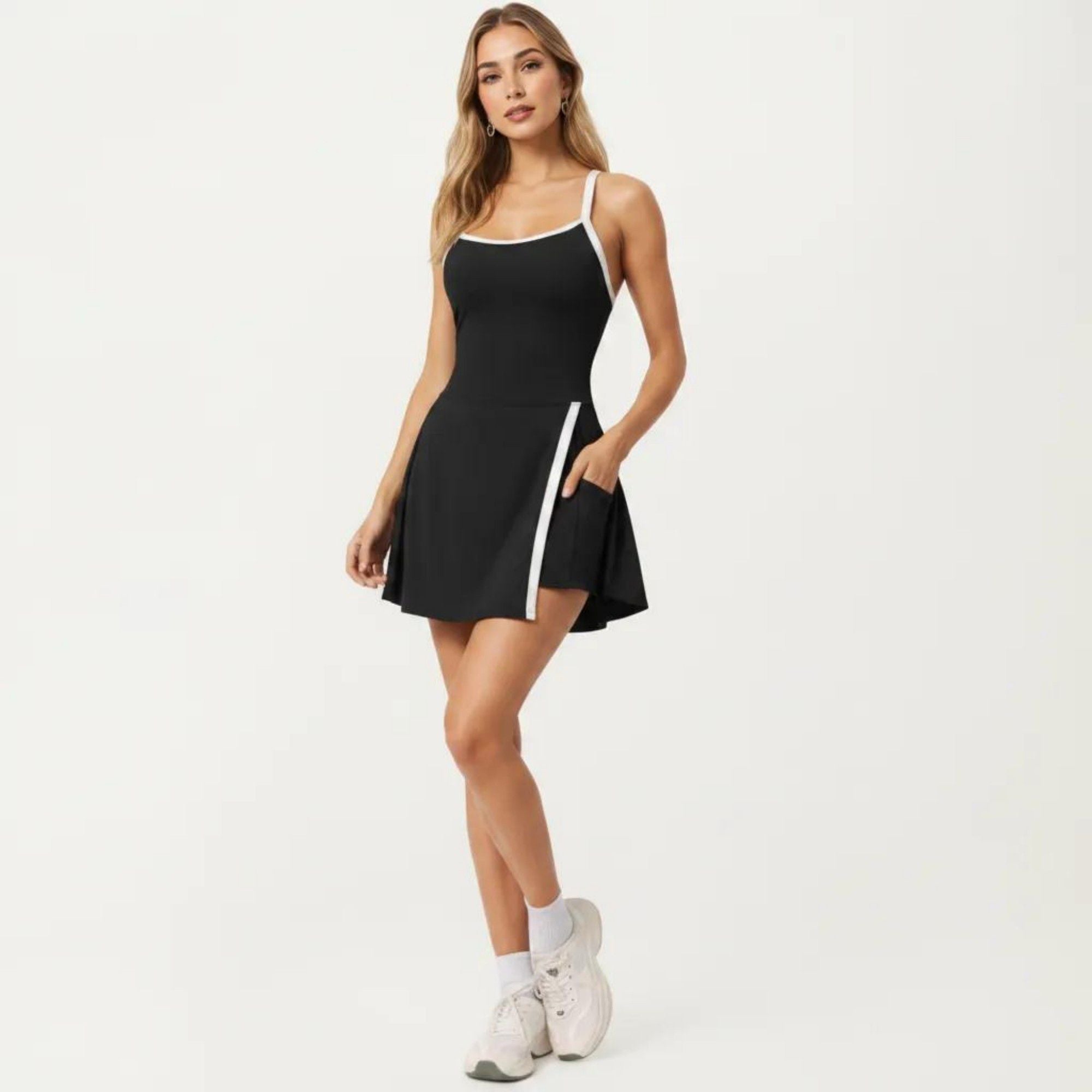Anna-Kaci Active Women's Athletic Dress with Racerback Top Built-In Shorts Contrast Trim Pleated Skirt