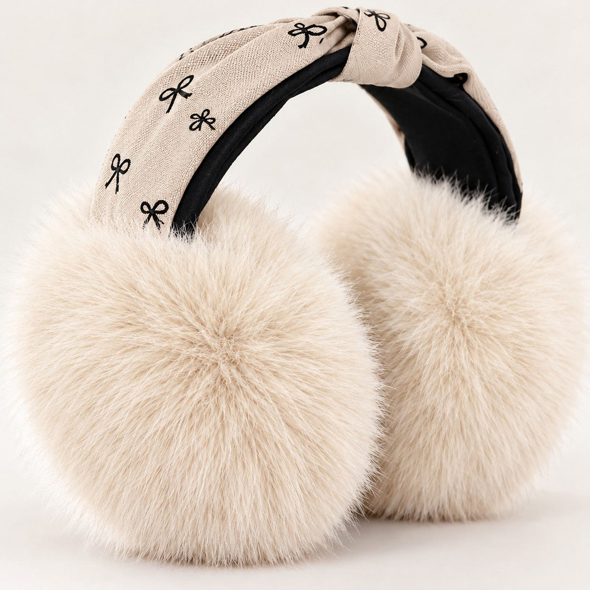 Plush Foldable Winter Earmuffs with Bow Print Knotted Headband