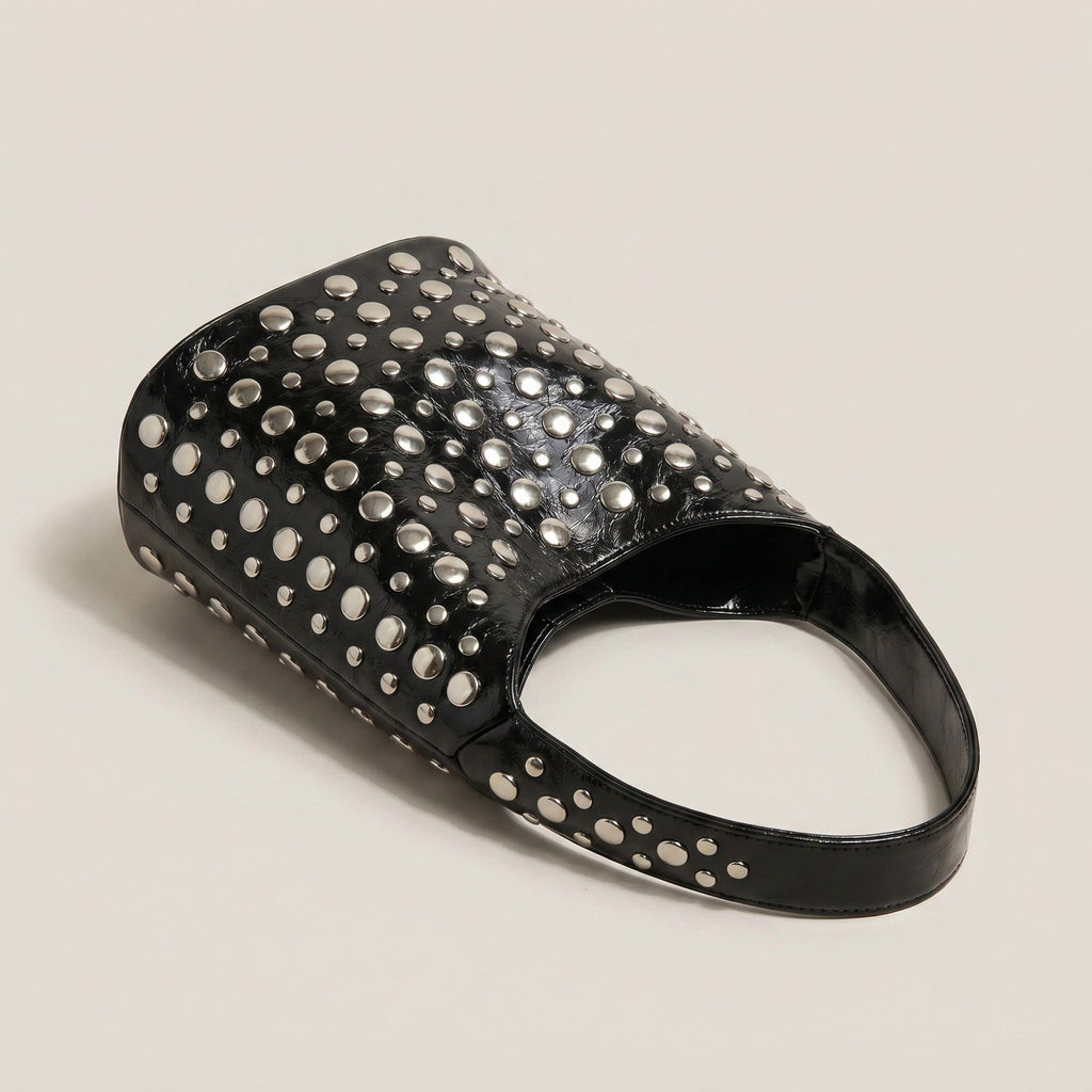 Studded Bucket Shoulder Bag with Glossy Finish Wide Strap Structured Silhouette Fashion Handbag 9.5x8.5x5 in
