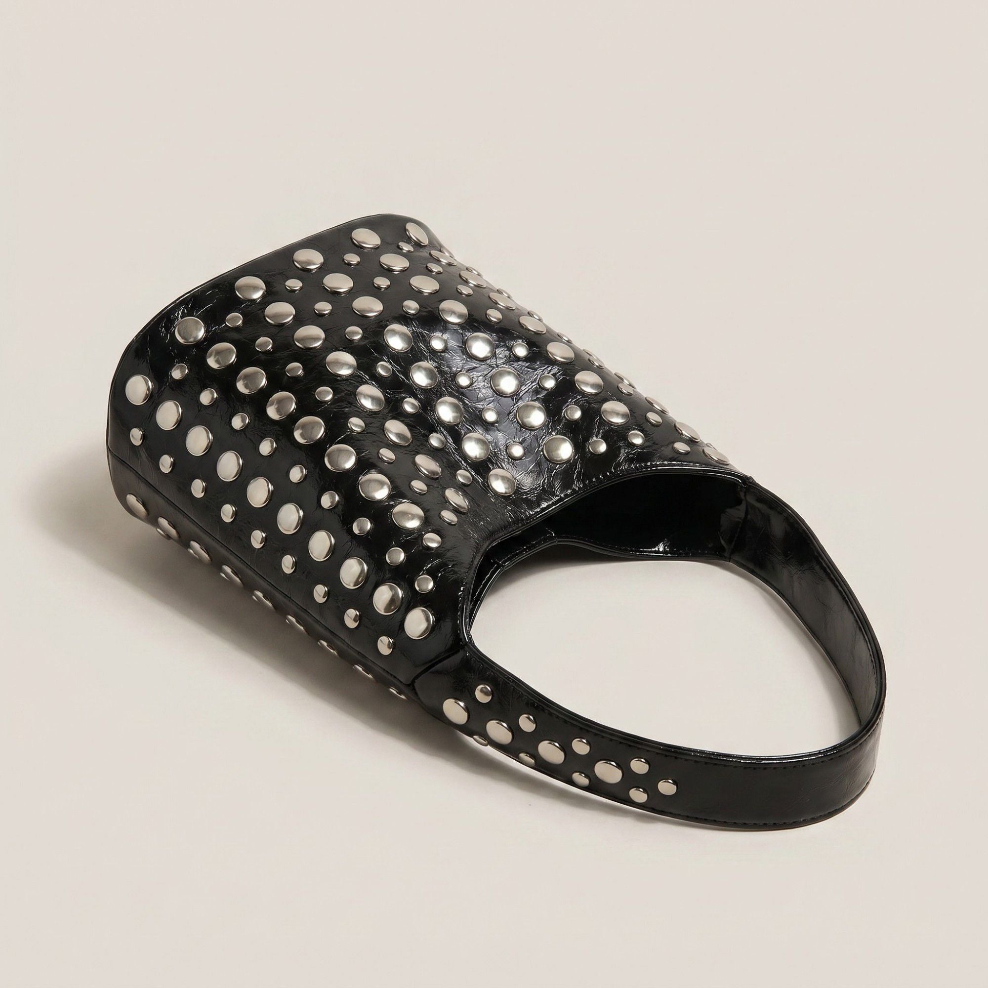 Studded Bucket Shoulder Bag with Glossy Finish Wide Strap Structured Silhouette Fashion Handbag 9.5x8.5x5 in
