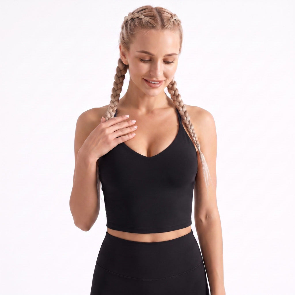 V Neck Cropped Active Tank Top with Adjustable Crisscross Back Straps for Gym Workouts