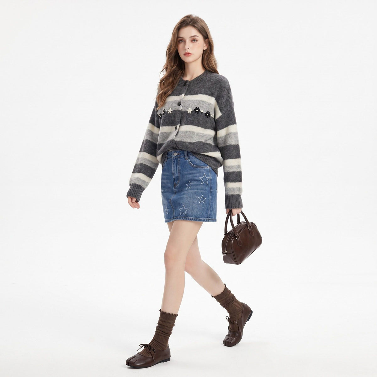 Floral Embroidered Striped Button Front Cardigan
