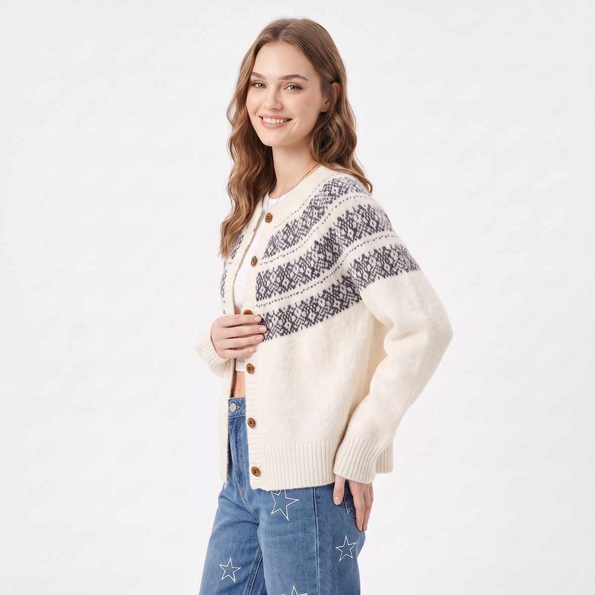 Fair Isle Button Front Crew Neck Cardigan