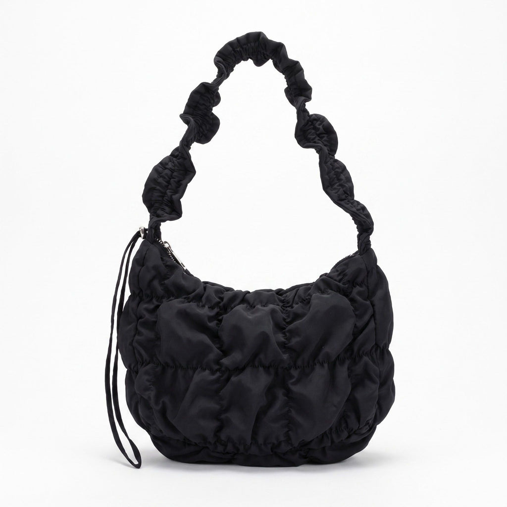 Ruched Puffer Shoulder Bag with Gathered Strap and Top Zipper Closure 10.5x8.5x3in