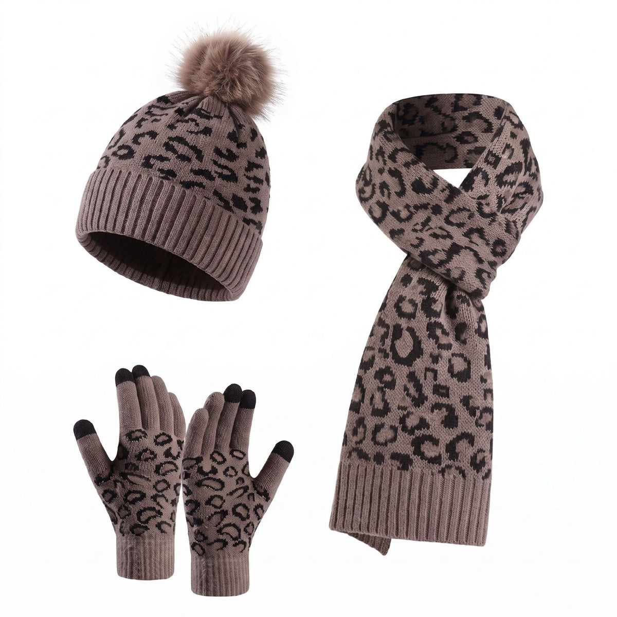 3 Piece Leopard Print Pom Beanie Scarf and Touchscreen Gloves Set