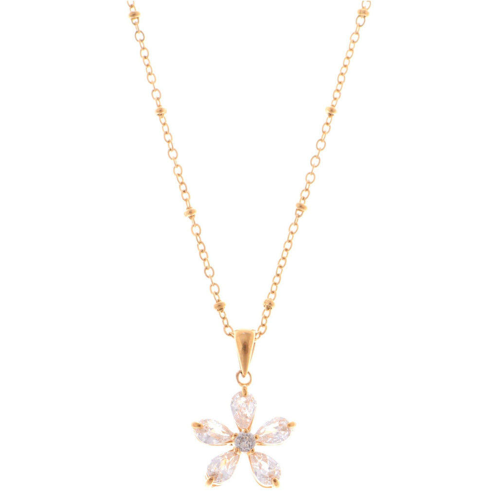 Gold-Tone Flower Pendant Fashion Necklace with Crystal Petal Accents