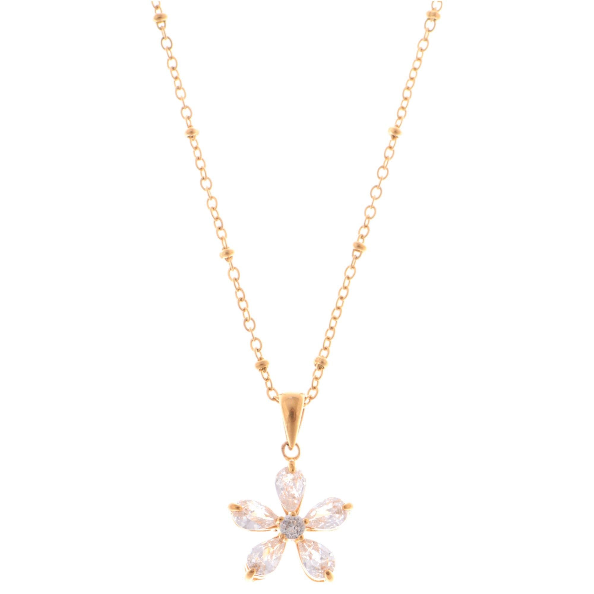 Gold-Tone Flower Pendant Fashion Necklace with Crystal Petal Accents