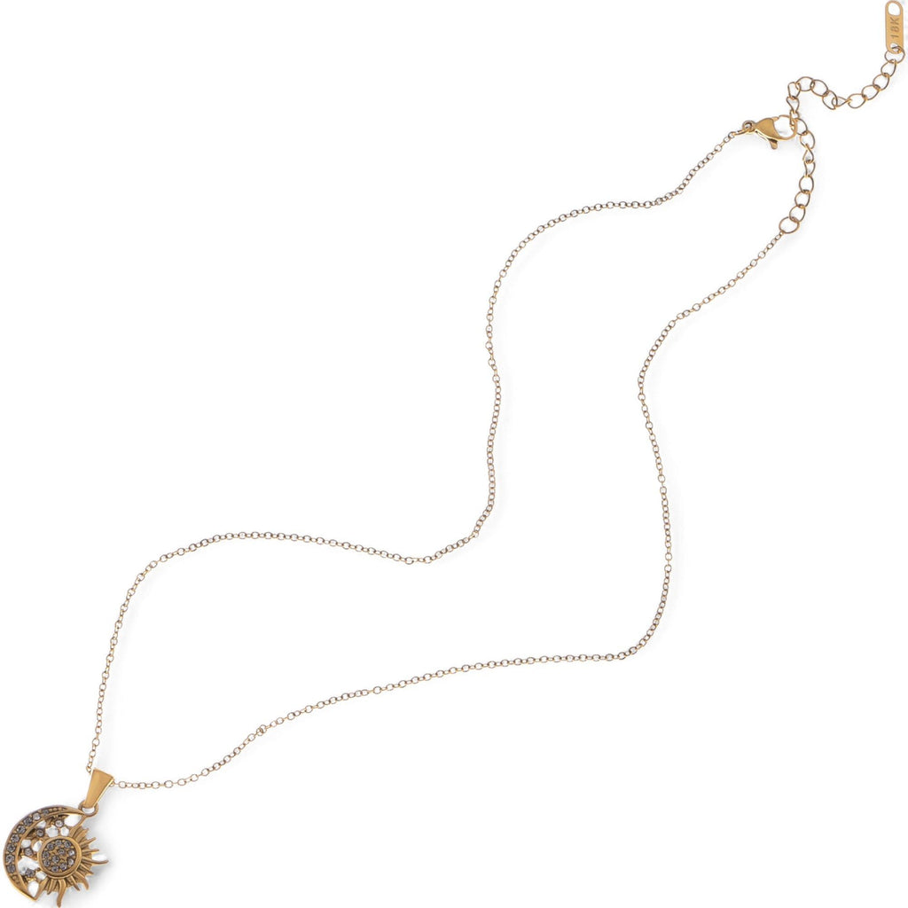 Women's Rhinestone Sun and Moon Pendant Fashion Necklace with Gold Tone Chain Statement Jewelry Piece