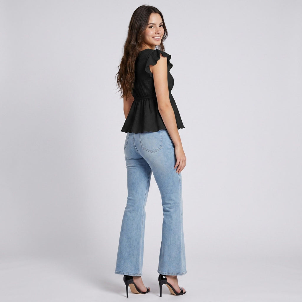 Anna-Kaci Womens Square Neck Peplum Top with Ruffle Cap Sleeves Front Tie Detail and Textured Fabric