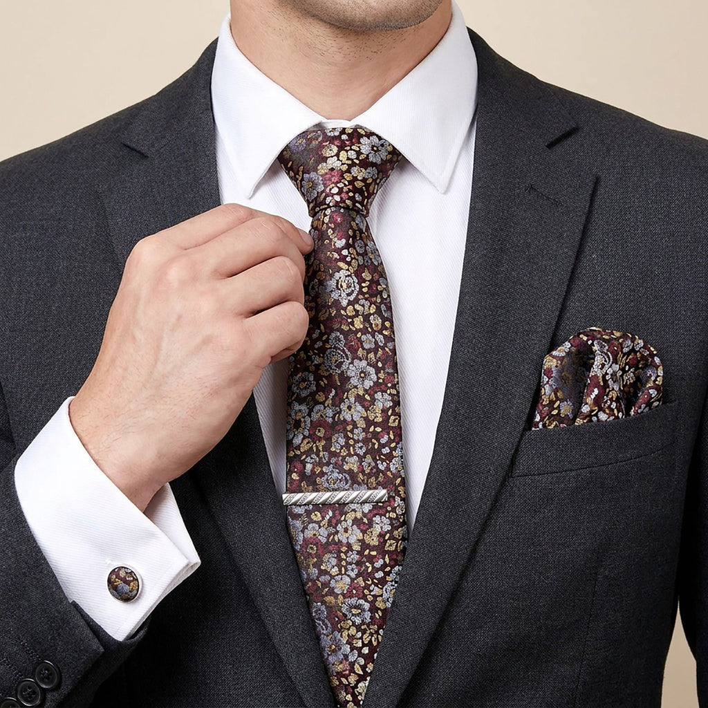 Men's Floral Pattern Tie Gift Set with Matching Pocket Square Cufflinks and Silver Tie Clip