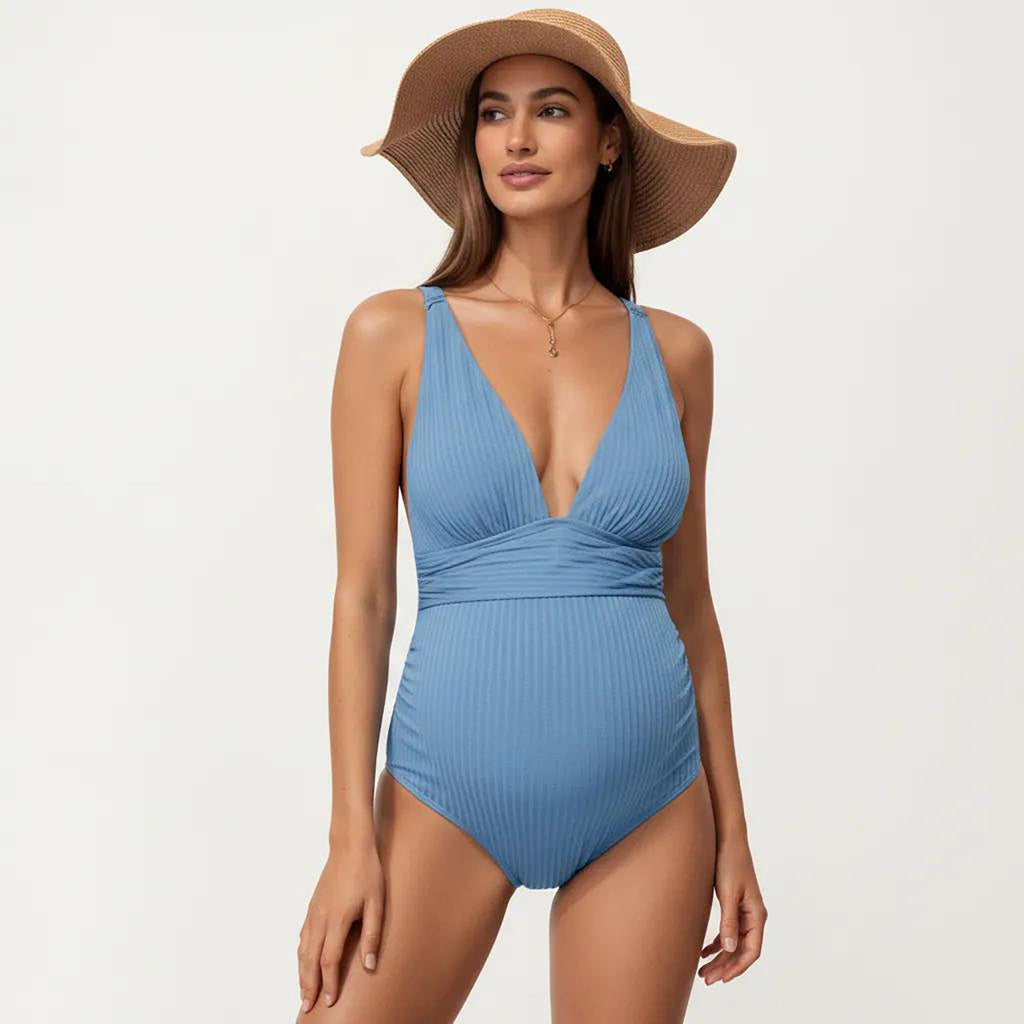 Anna-Kaci Swim Women's Maternity Ribbed One-Piece Swimsuit with Plunging Neckline and Ruched Waist