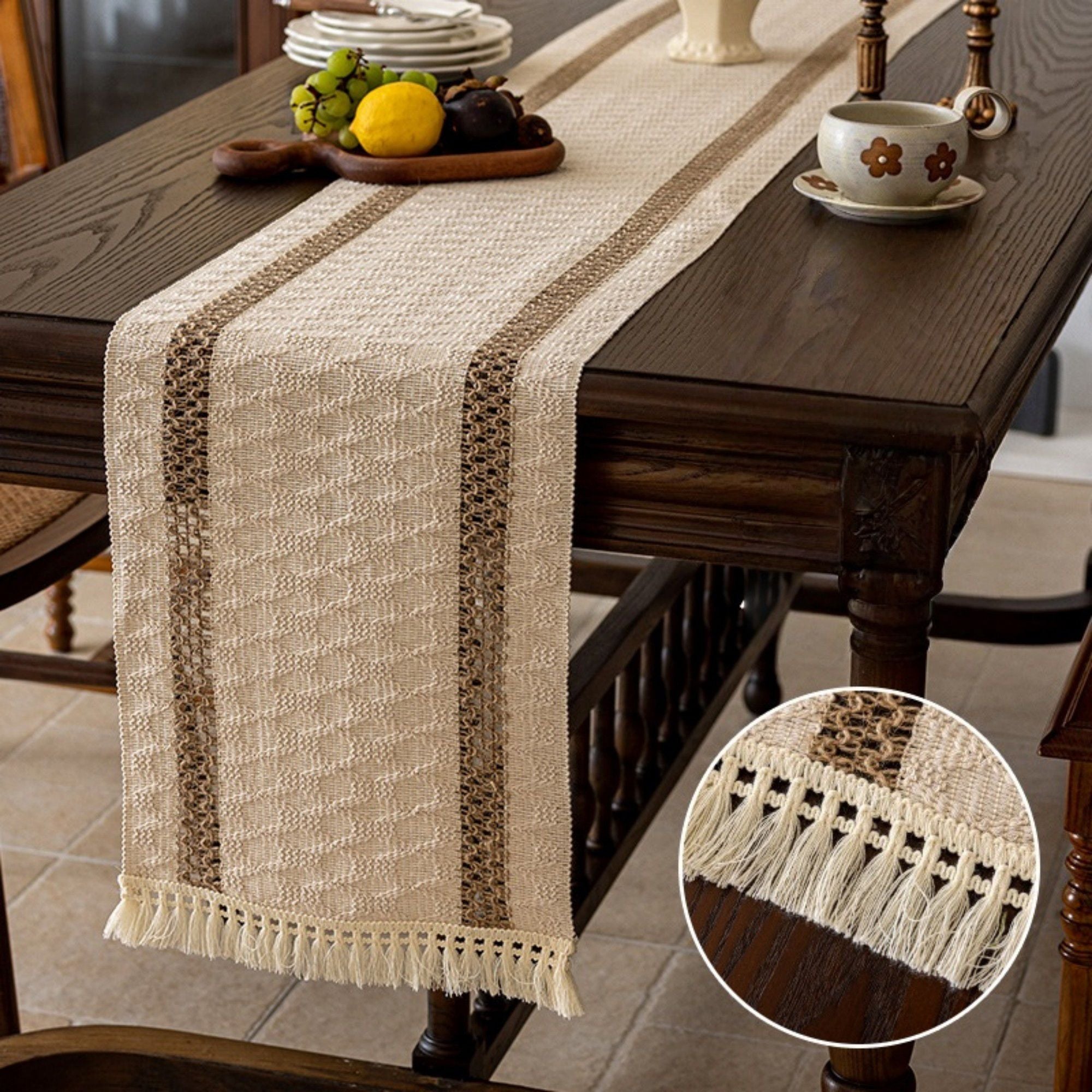 Textured Woven Table Runner with Fringe Trim and Neutral Stripe Pattern 47x11.8 in
