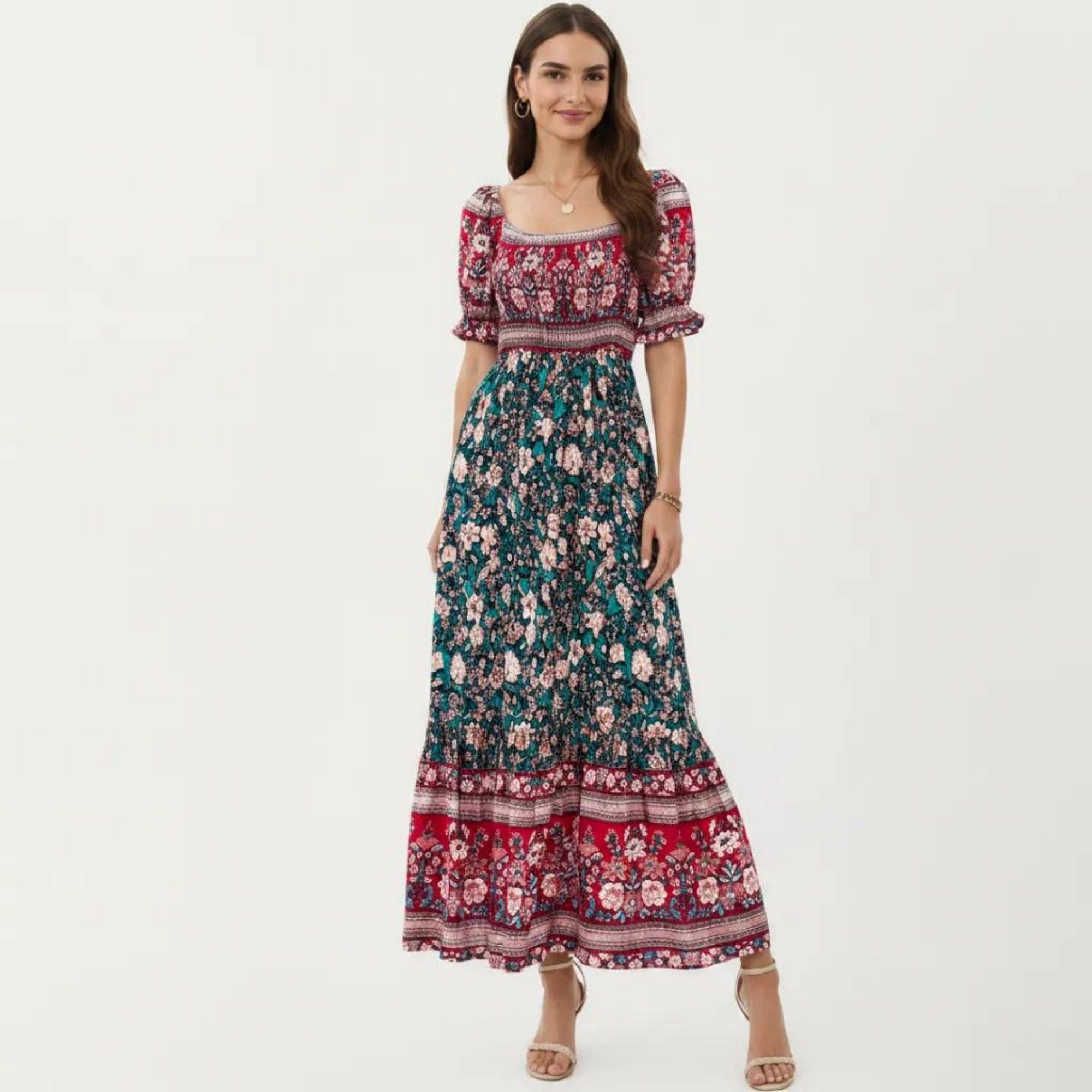 Anna-Kaci Women's Puff Sleeve Maxi Dress with Mixed Floral Print and Border Hem