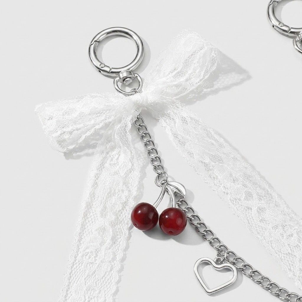 Lace Bow Cherry Bag Chain Charm with Heart Accents and Double Ring Clasps