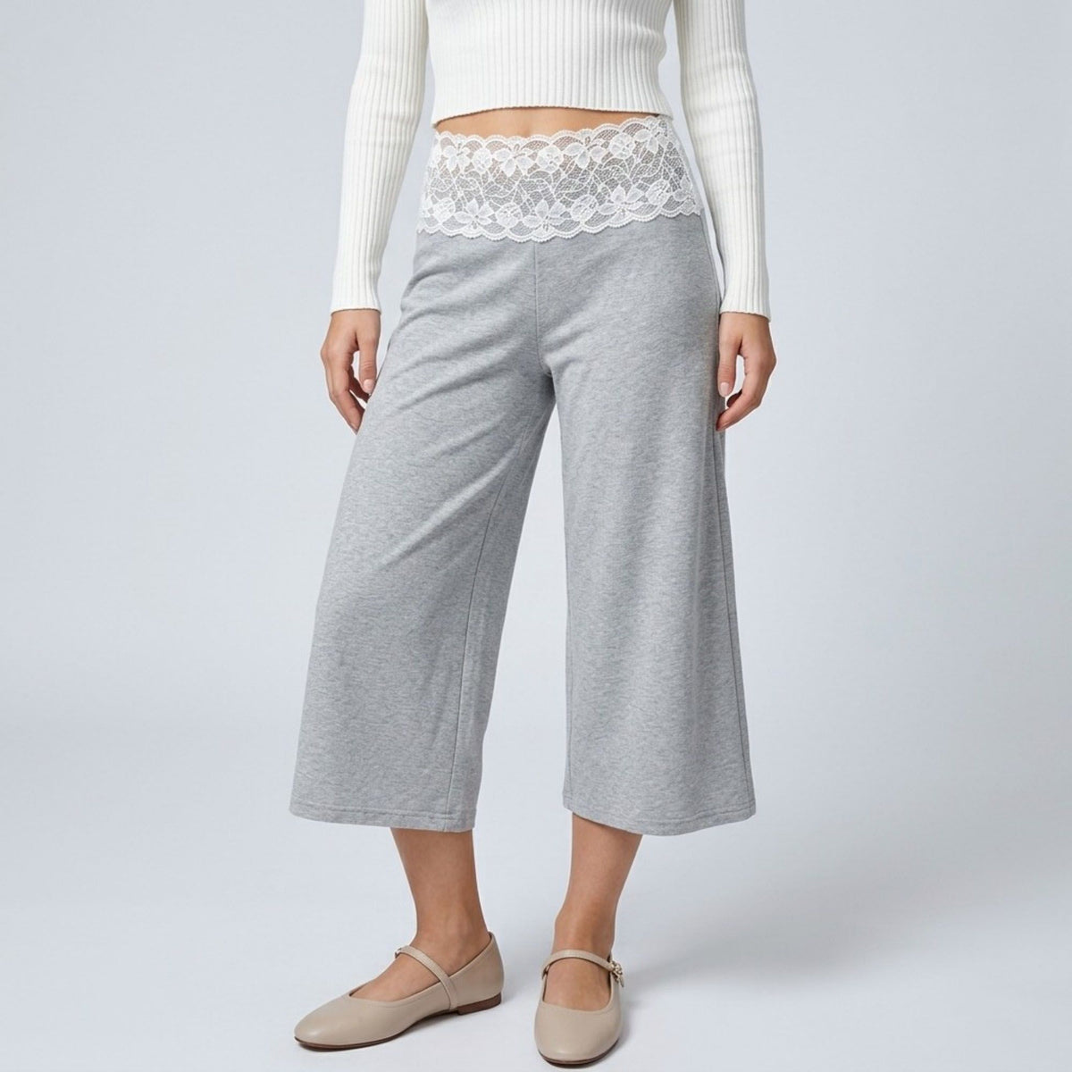 Lace Contrast Waistband Cropped Wide-Leg Trousers