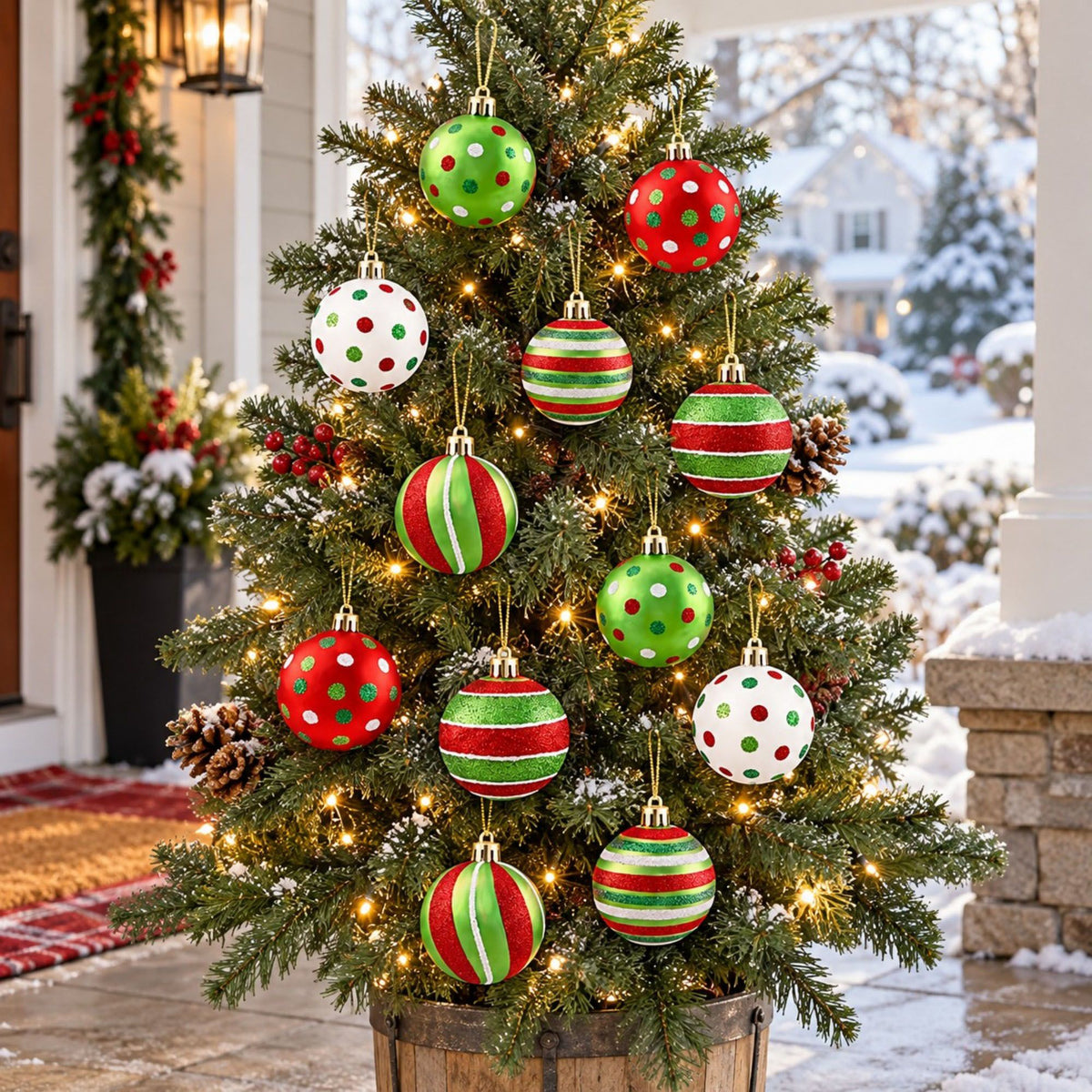 12ct Striped and Polka Dot Christmas Ball Ornament Set Red Green and White