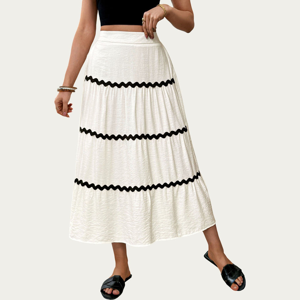 Anna-Kaci Women's High Waist Tiered Midi Skirt with Wavy Trim Detail Flowy A-Line Silhouette Lightweight Fabric