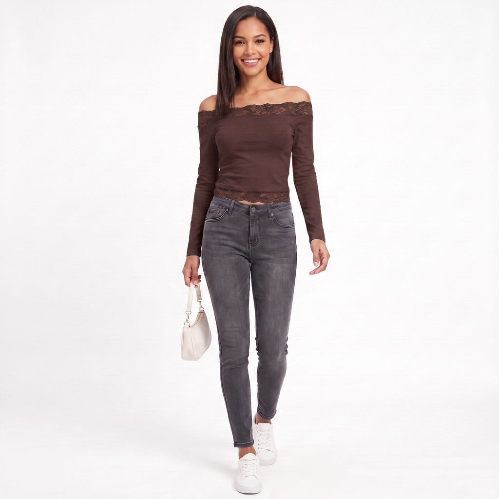 Off-the-Shoulder Lace Trim Long Sleeve Crop Top