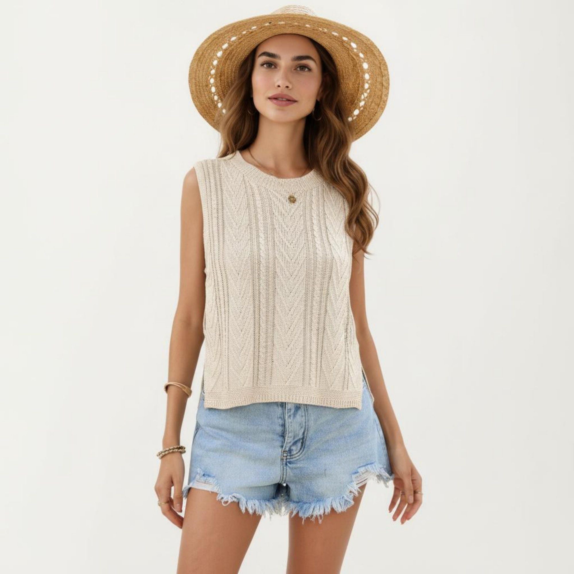 Anna-Kaci Women's Sleeveless Cable Knit Top with Crew Neck and Ribbed Hem
