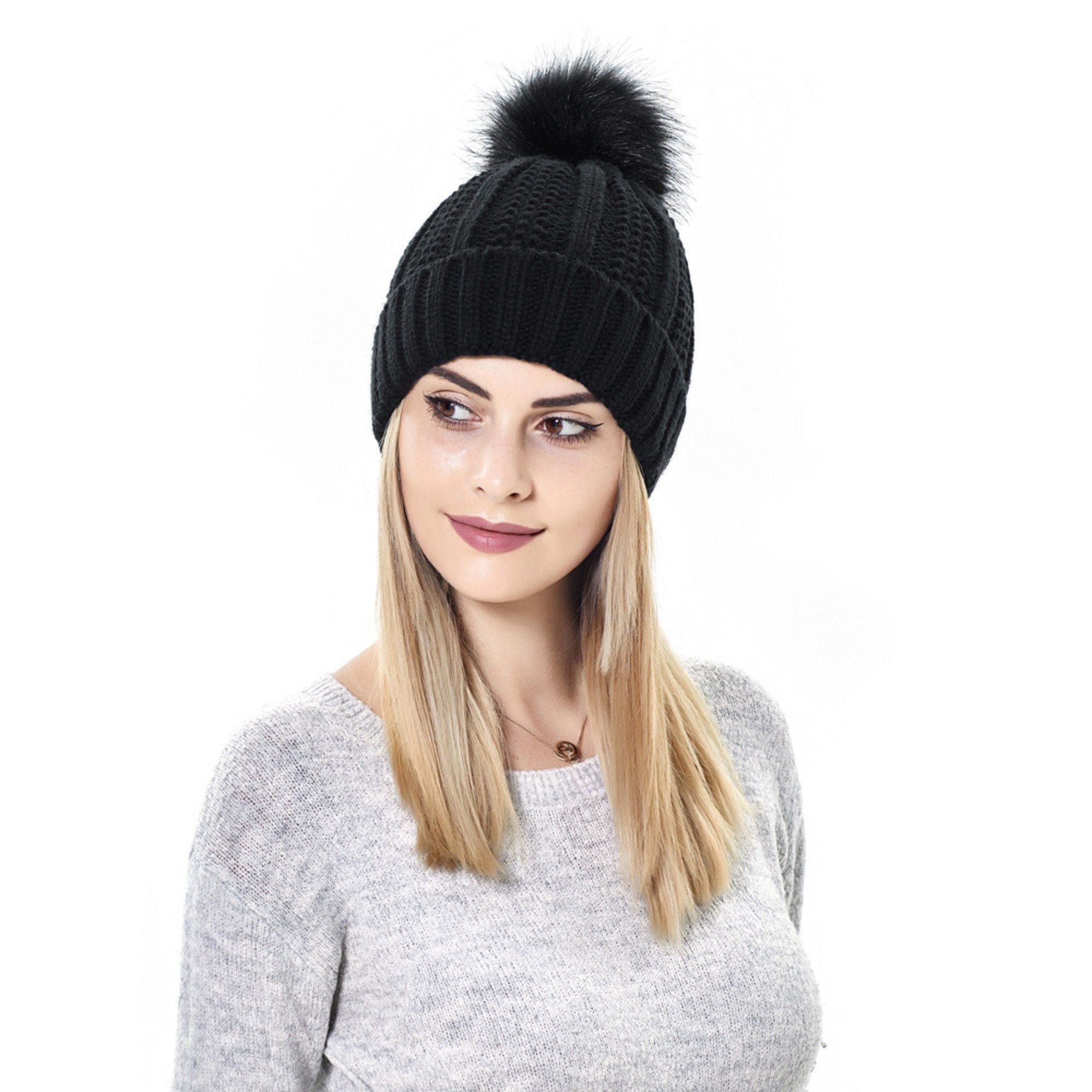 Anna-Kaci Women's Soft Knit Winter Beanie Hat with Satin-Lined Interior Ribbed Texture and Fluffy Pom Detail