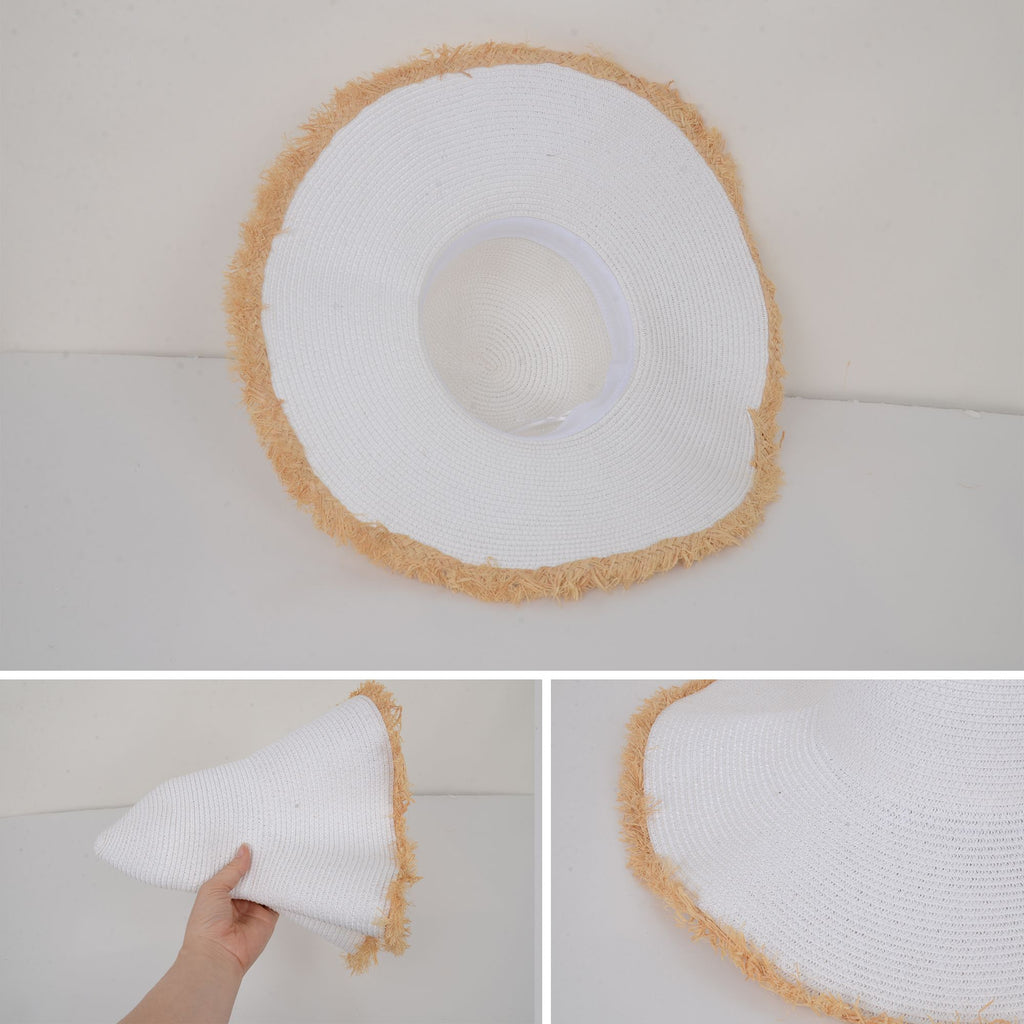 Anna-Kaci Wide Brim Straw Floppy Hat with Frayed Edges Lightweight Sun Protection for Beach Vacation Outdoor Travel Style