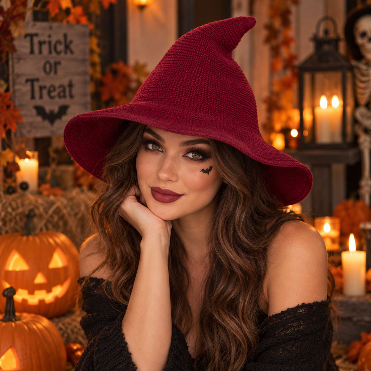 Pointed Knit Witch Hat with Wide Floppy Brim for Halloween