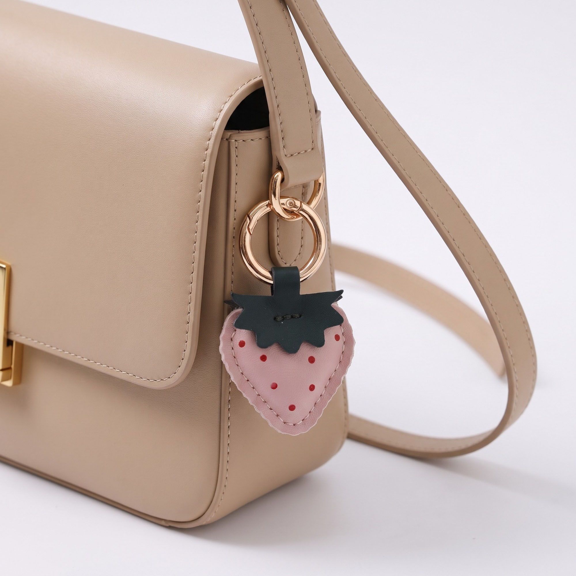 Strawberry Bag Charm with Pink Polka Dots and Gold Tone Ring Clip