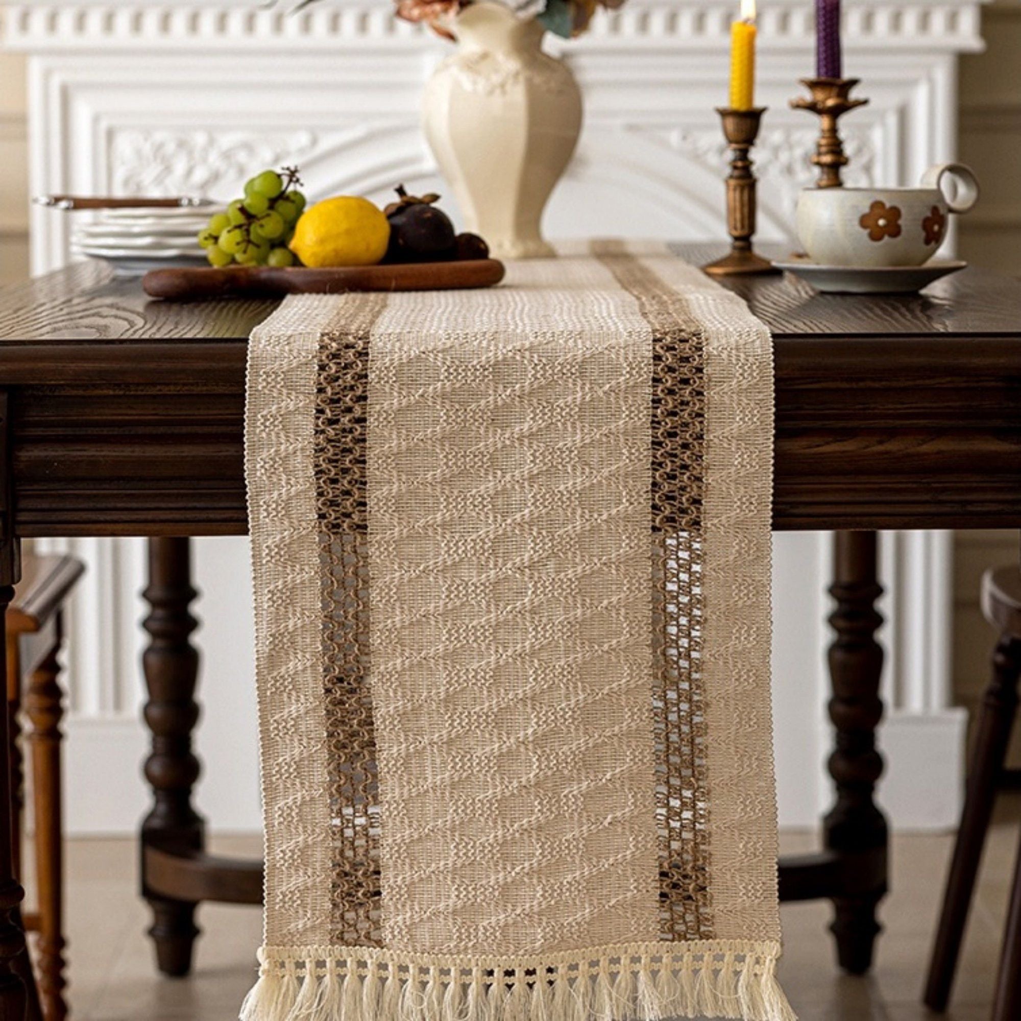 Textured Woven Table Runner with Fringe Trim and Neutral Stripe Pattern 47x11.8 in