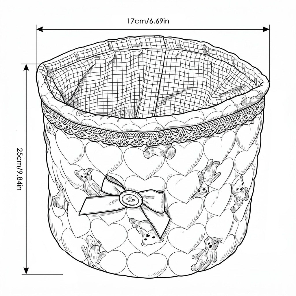 Quilted Round Fabric Storage Basket with Bow and Lace Trim