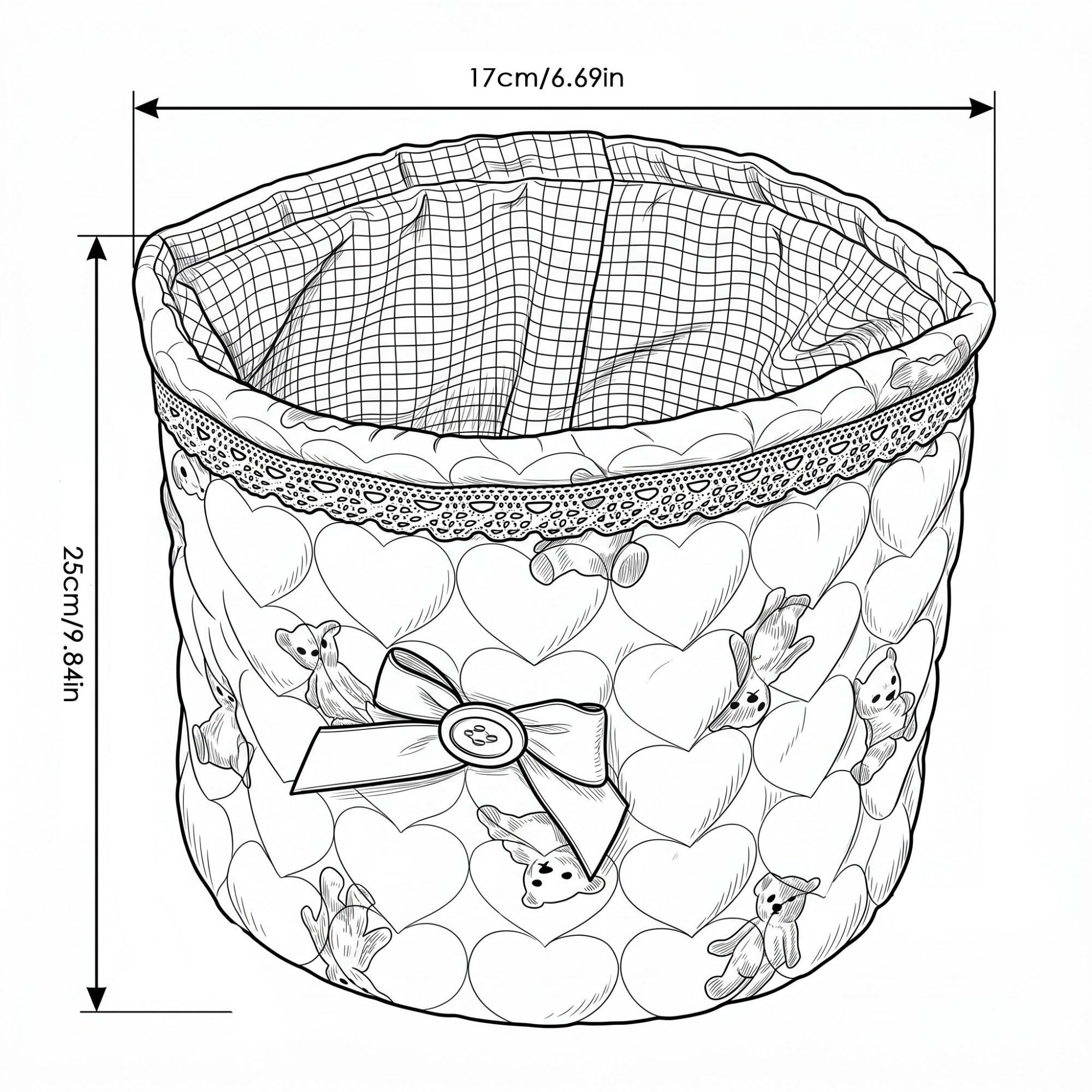 Quilted Round Fabric Storage Basket with Bow and Lace Trim