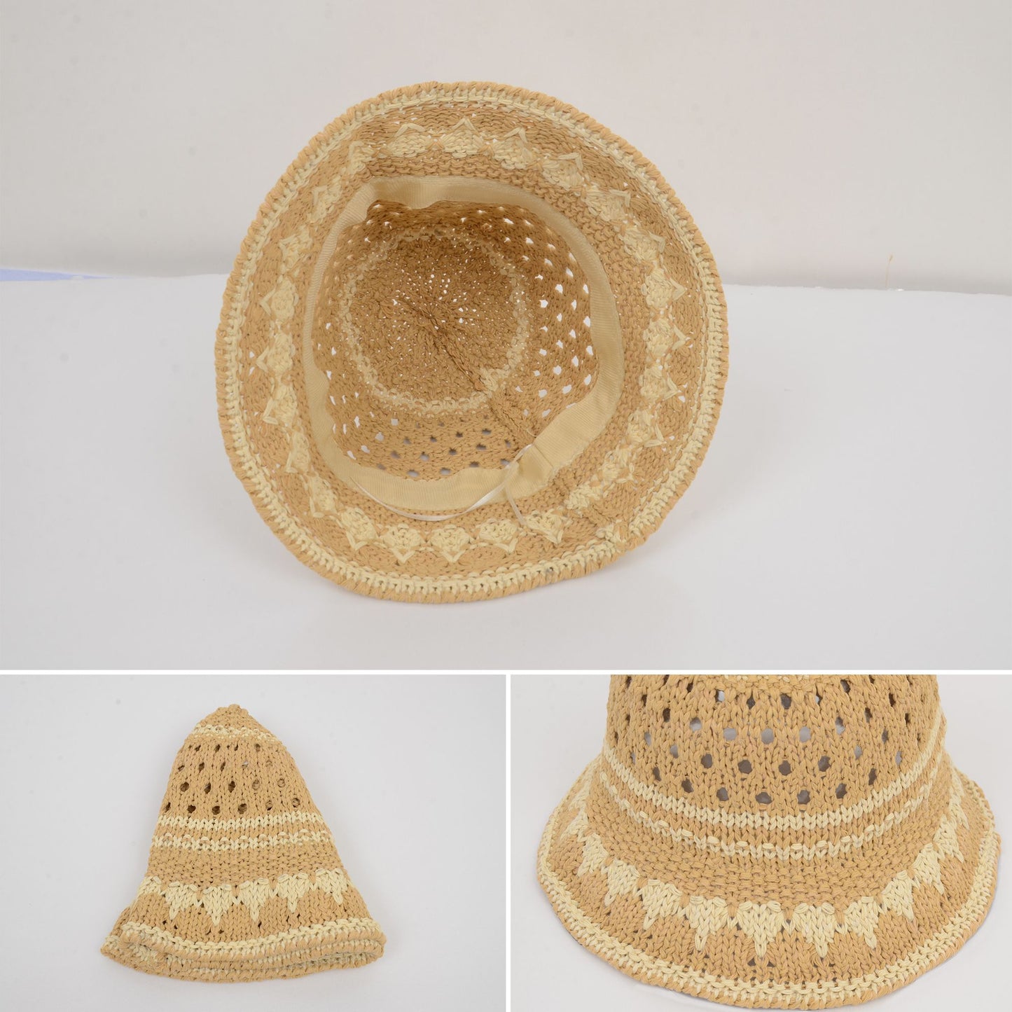 Anna-Kaci Crochet Knit Bucket Hat with Openwork Floral Pattern and Rolled Brim for Lightweight Summer Style