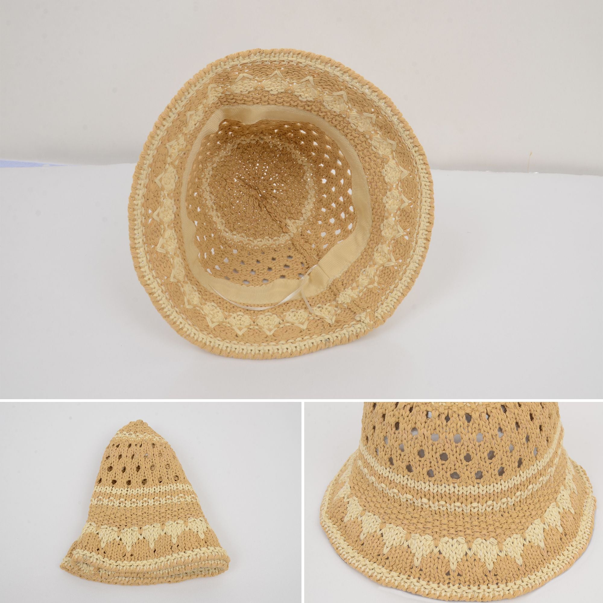 Anna-Kaci Crochet Knit Bucket Hat with Openwork Floral Pattern and Rolled Brim for Lightweight Summer Style