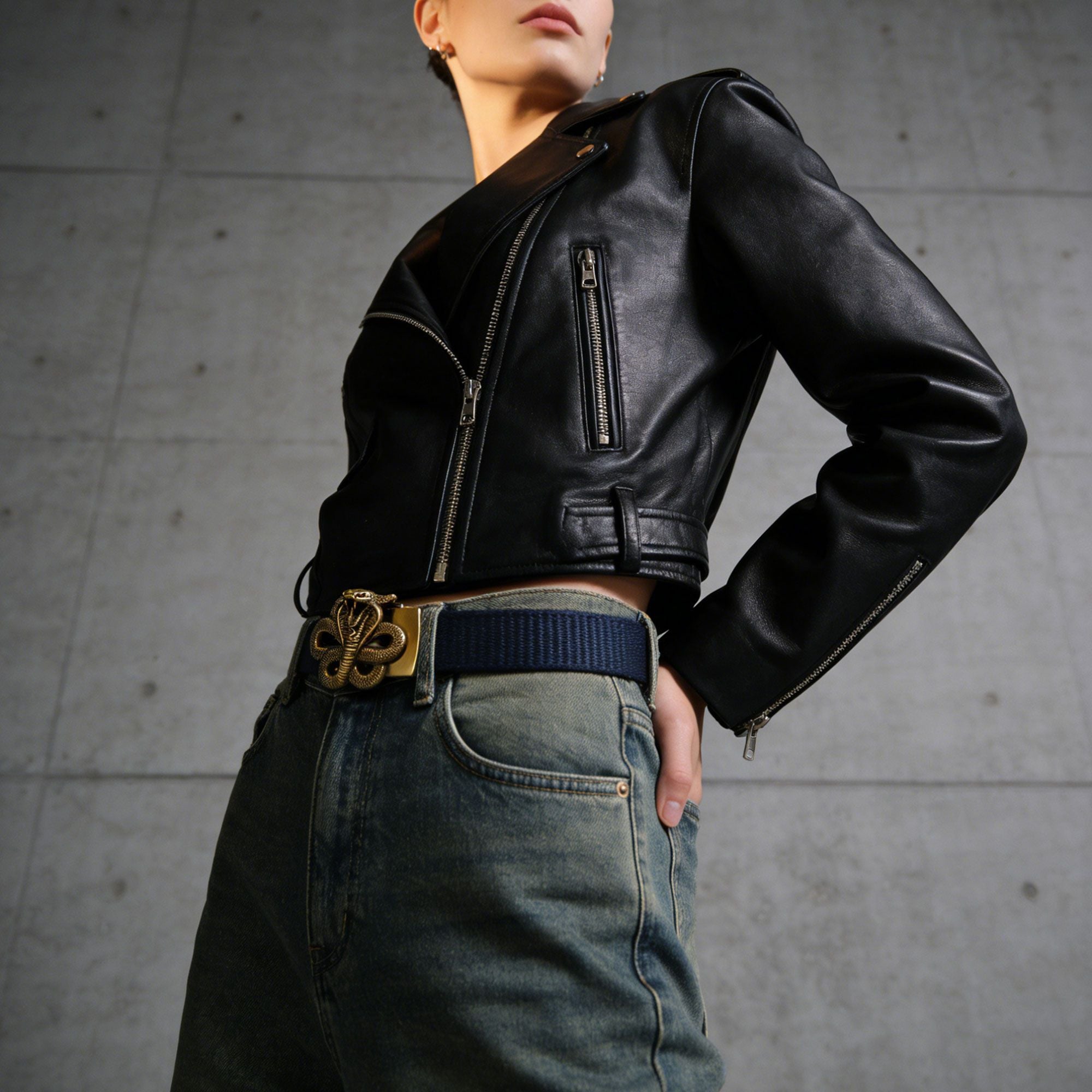 Anna-Kaci Women's Nylon Belt with Gold Cobra Buckle - Bold Statement Buckle Belt for Edgy Casual & Stylish Outfits