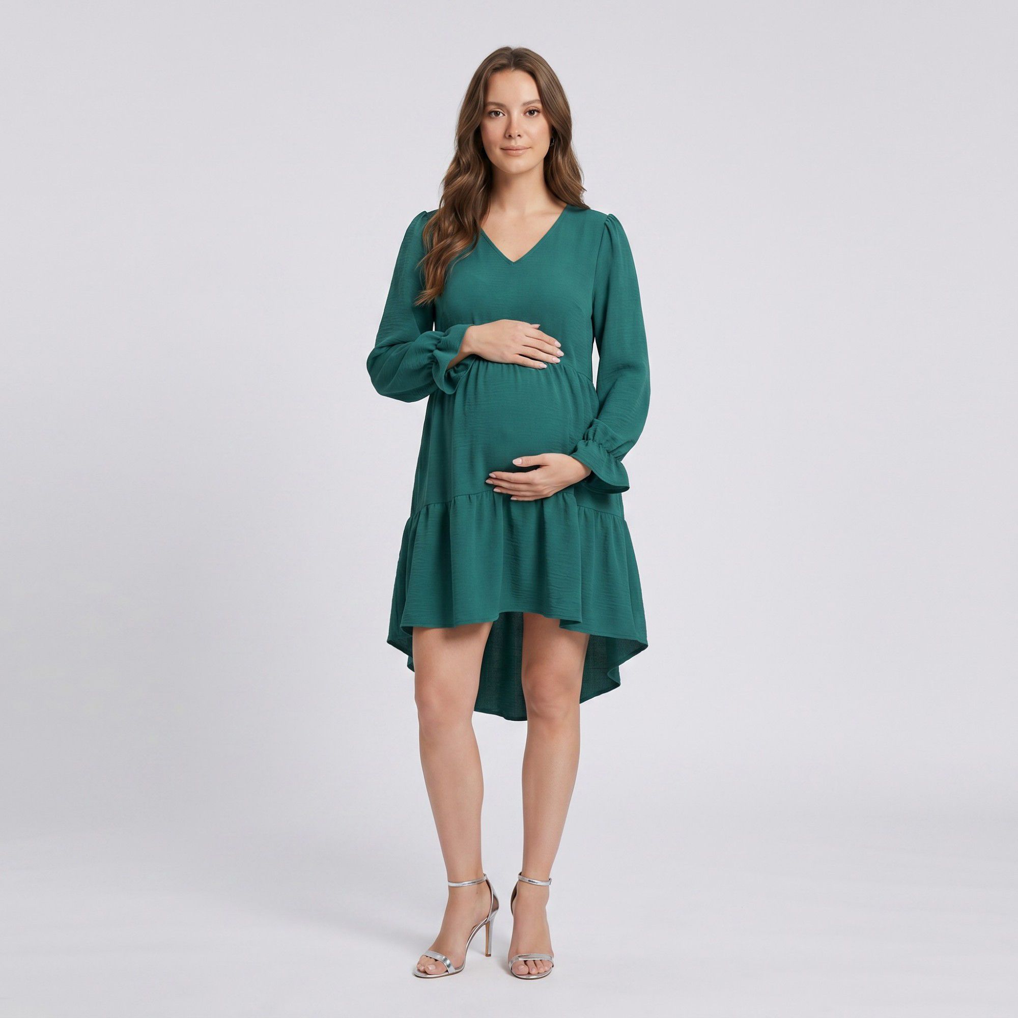 Anna-Kaci Women's Maternity V Neck High Low Mini Dress with Long Sleeves and Tiered Hem