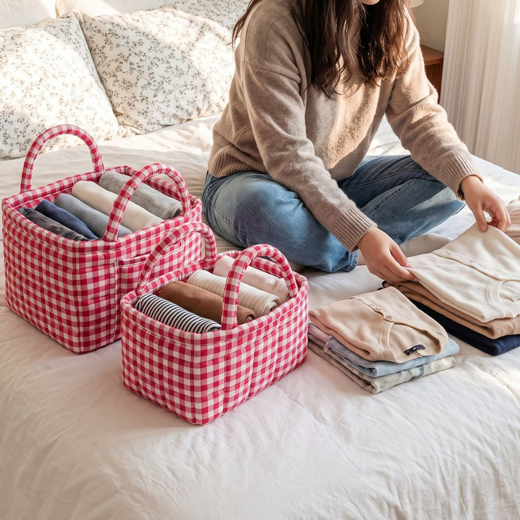 2 Piece Quilted Gingham Storage Tote Set with Handles and Front Pocket
