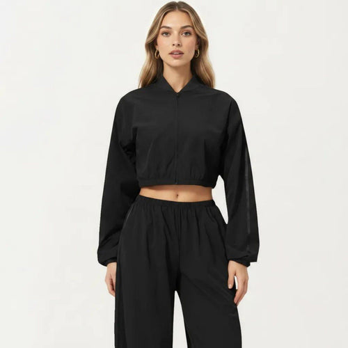 Anna-Kaci Active Women's Cropped Zip Front Jacket with Elastic Hem and Long Sleeves