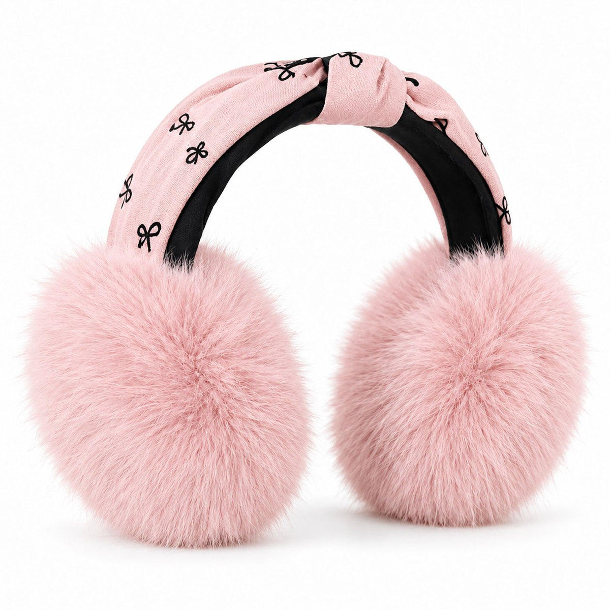 Plush Foldable Winter Earmuffs with Bow Print Knotted Headband