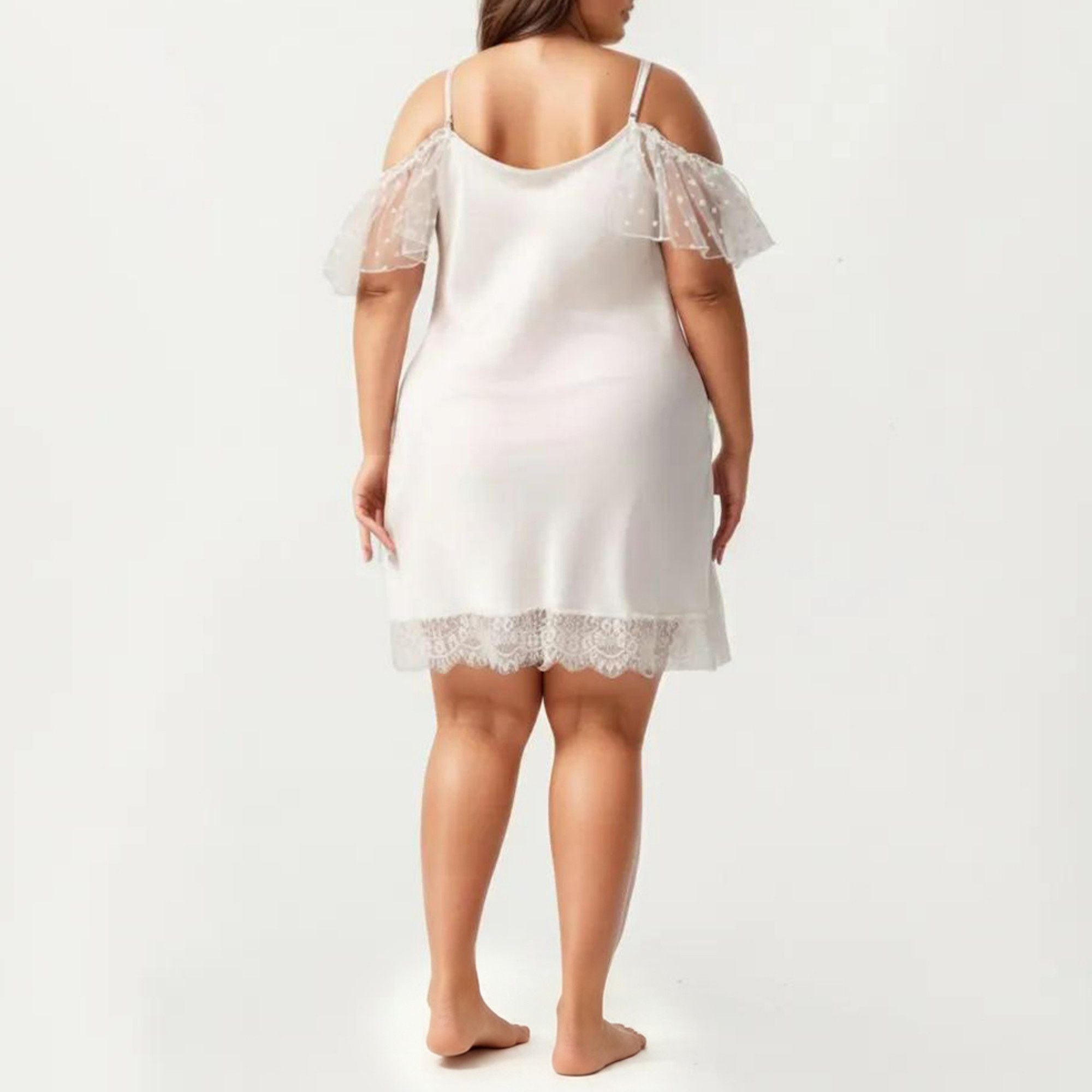 Anna-Kaci Lounge Women's Plus Size Chiffon Chemise Ruffle Sleeve Lace Trim Nightgown Adjustable Strap Sleep Dress