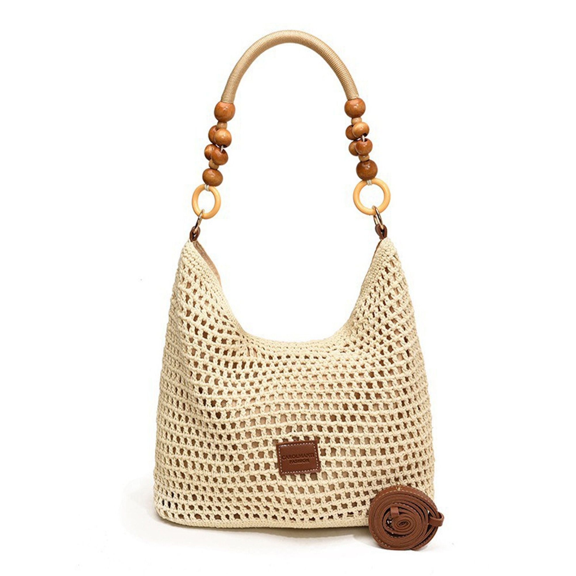 Crochet Hobo Shoulder Bag Wooden Bead Handle Open Weave Knit Handbag Slouchy Summer Carryall Lightweight Tote