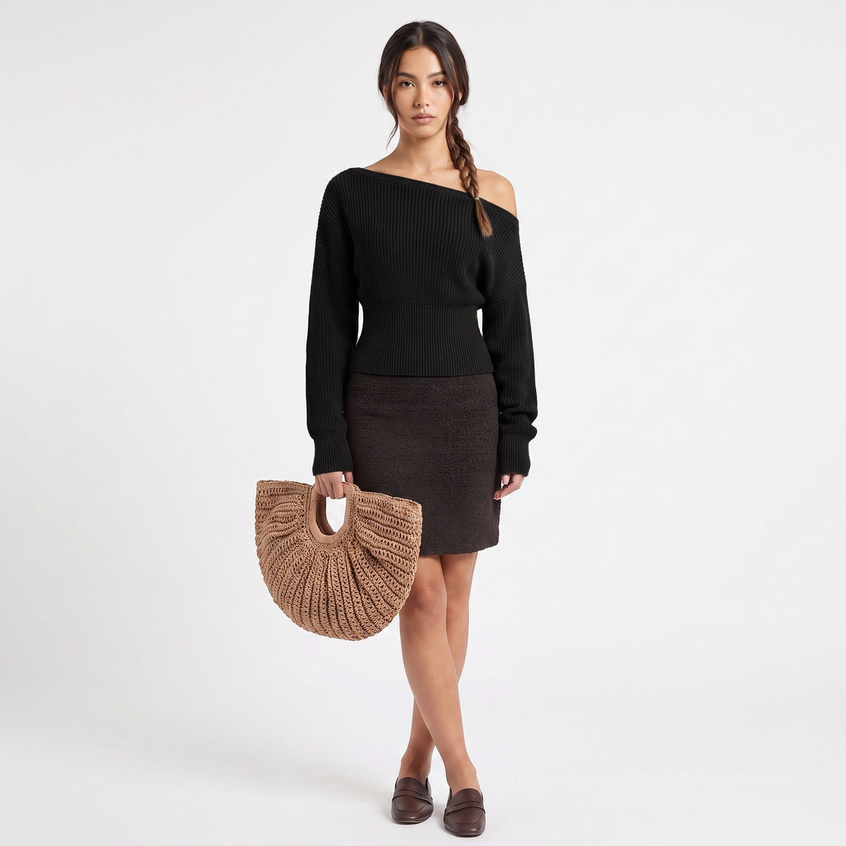 Off Shoulder Ribbed Waist Long Sleeve Knit Sweater