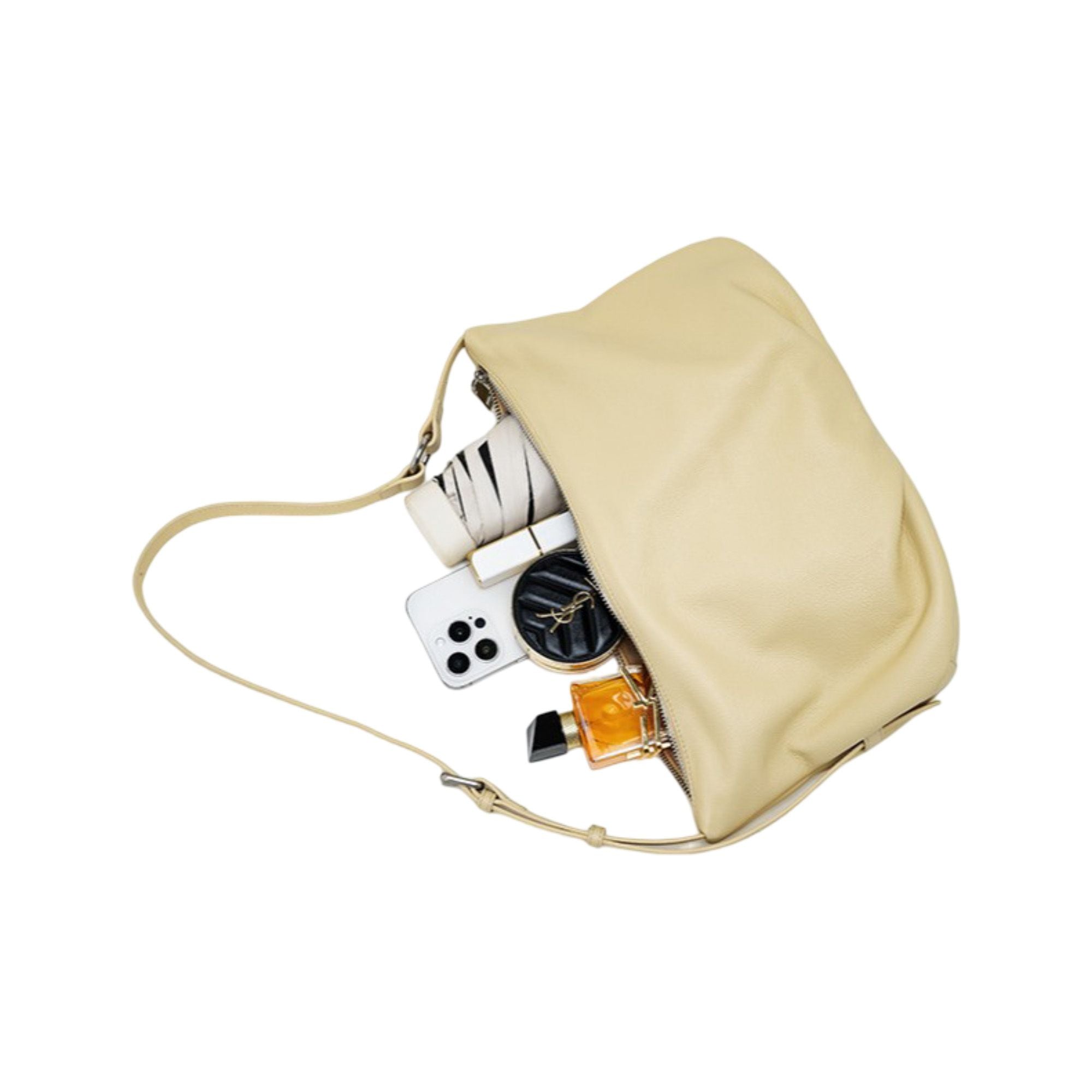 Slouchy Leather Shoulder Bag with Adjustable Strap Soft Crescent Silhouette and Zip Closure