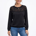 Lace Yoke Long Sleeve Top Crew Neck Relaxed Fit Pullover