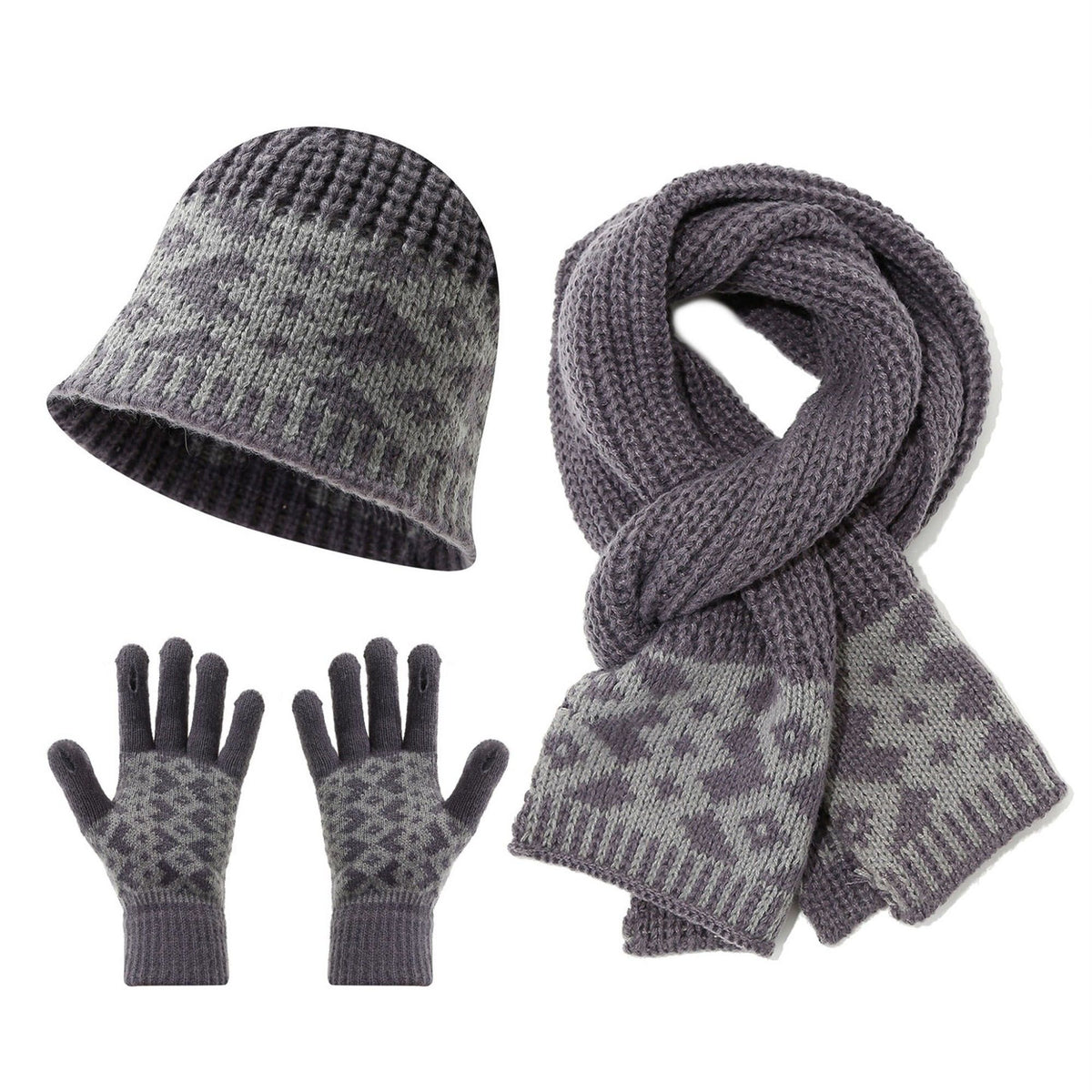 3 Piece Knit Winter Hat Scarf and Gloves Set with Geometric Pattern