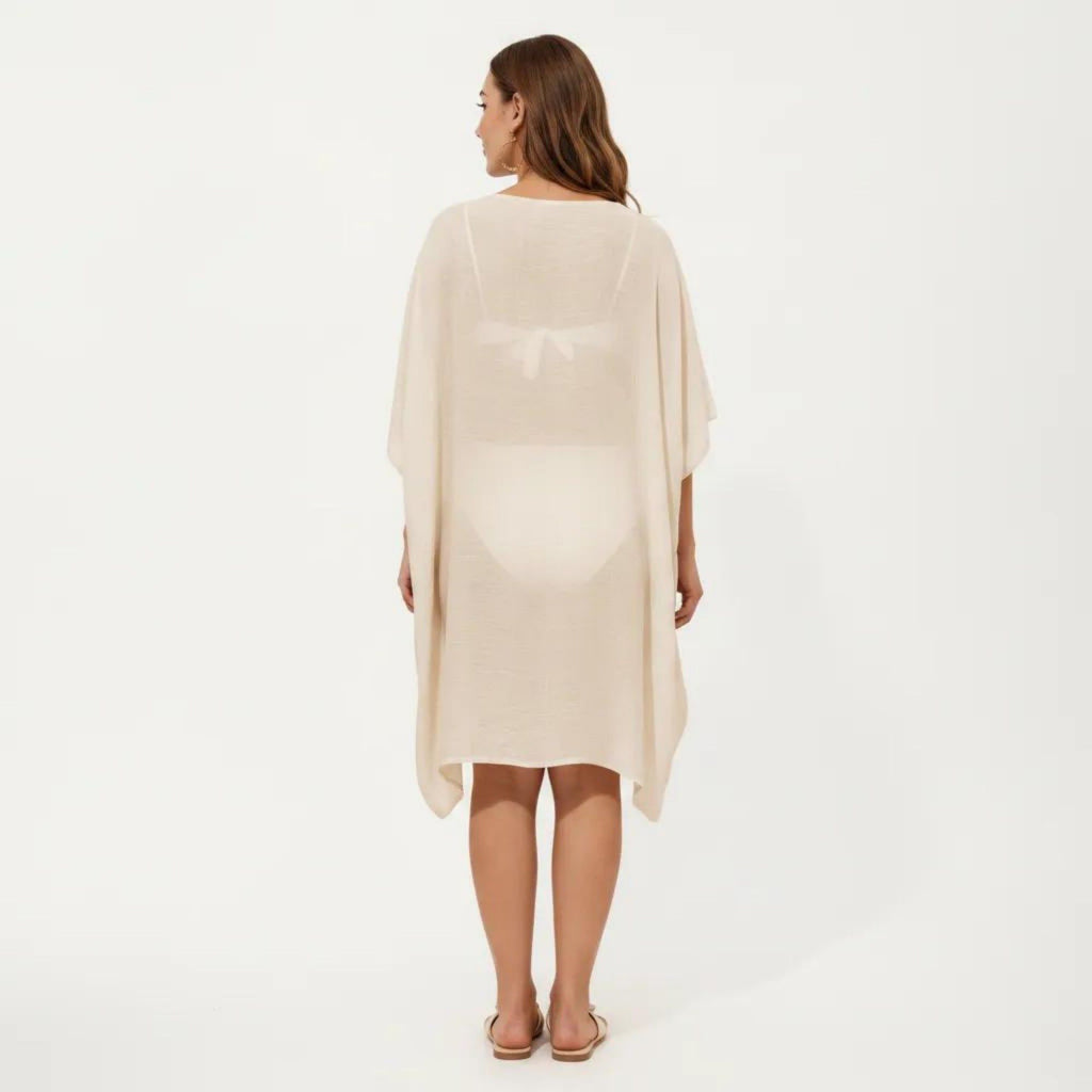 Anna-Kaci Women's Swim Cover Up Kaftan Dress with Crochet Cutout Trim Loose Short Sleeves Relaxed Midi Fit