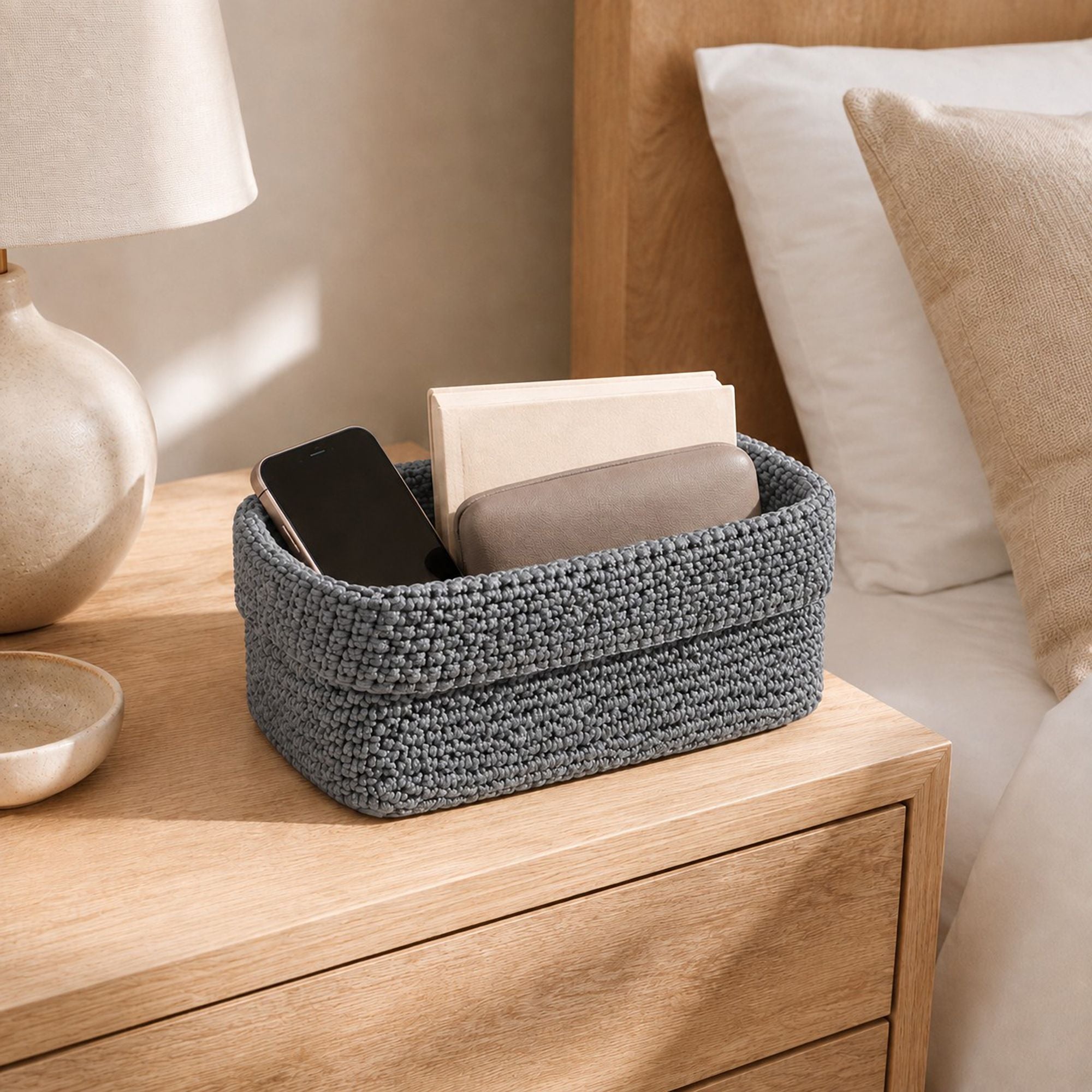 Rectangular Woven Storage Basket Foldover Rim Desktop Organizer Bin