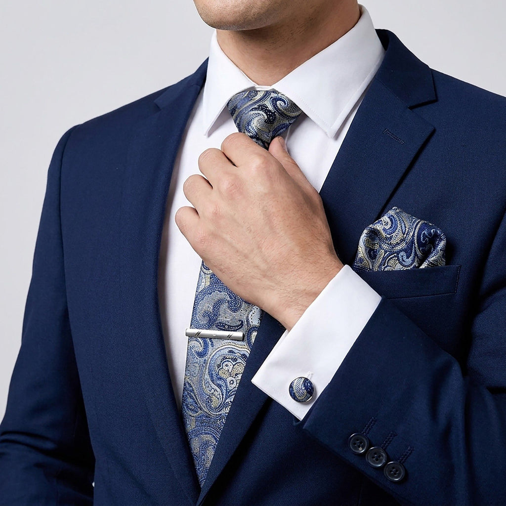 Men's Paisley Pattern Tie Gift Set with Matching Pocket Square Cufflinks and Silver Tie Clip