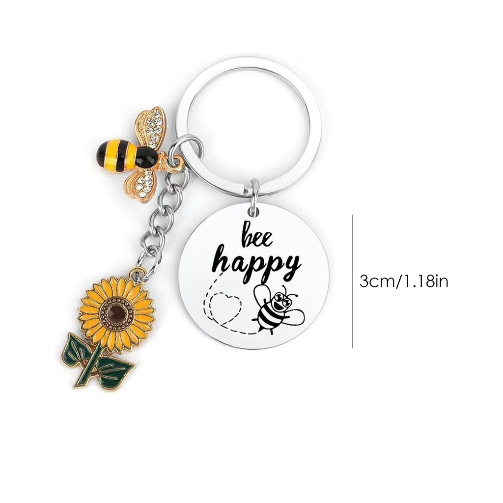 2 Pack Bee Happy Sunflower Keychain with Bee Charm Round Tag and Key Ring Bag Accessory