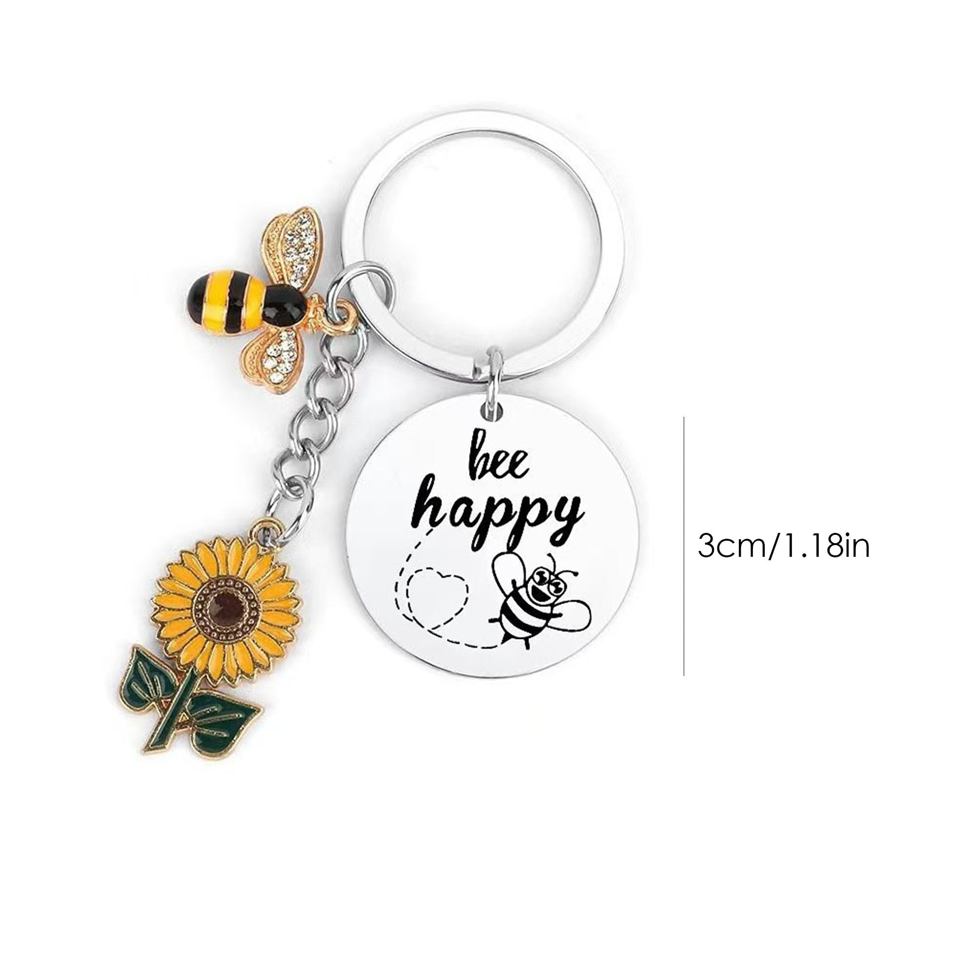2 Pack Bee Happy Sunflower Keychain with Bee Charm Round Tag and Key Ring Bag Accessory