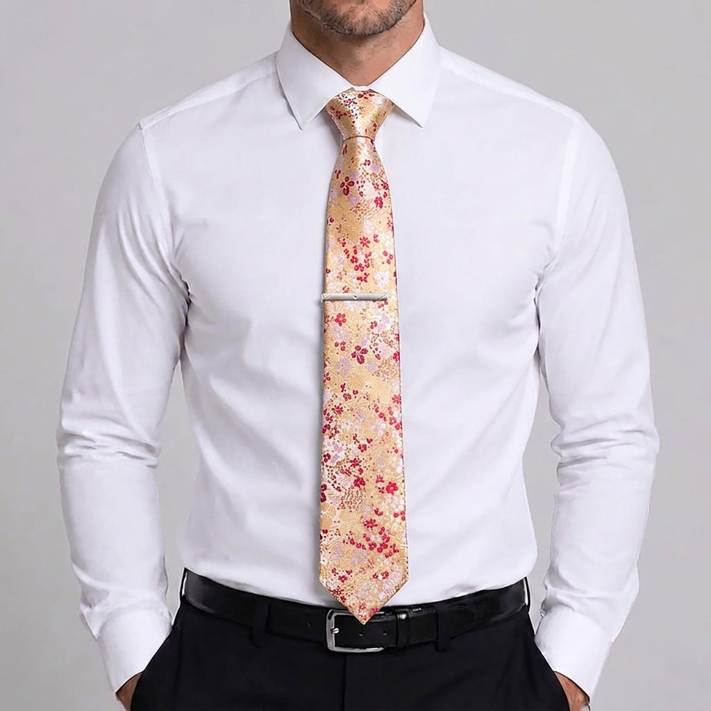 Men's Paisley Floral Tie Gift Set with Matching Pocket Square Cufflinks and Silver Tie Clip